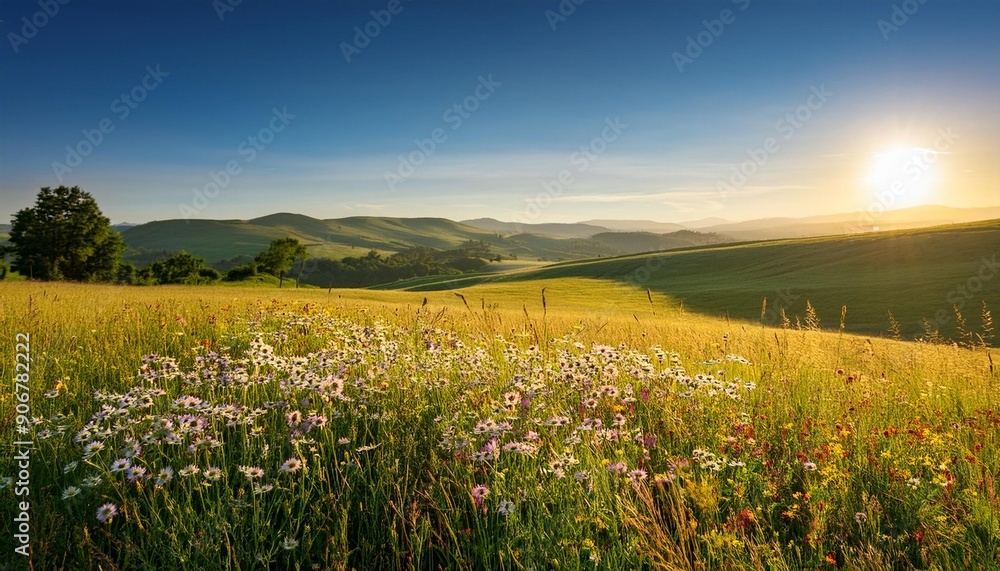 Fototapeta premium A peaceful meadow dotted with wildflowers, bathed in golden sunlight with distant rolling hills and a clear blue sky overhead.