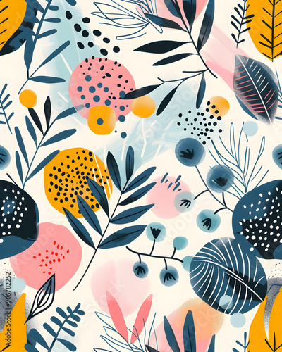 A colorful and abstract floral pattern with a variety of shapes and colors