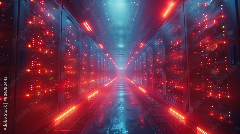 Flickering red and blue lights illuminate server racks in a modern data center, creating a futuristic and technology-driven atmosphere. Flickering red and blue lights illuminate server racks in a modern data center, creating a futuristic and technology-driven atmosphere.