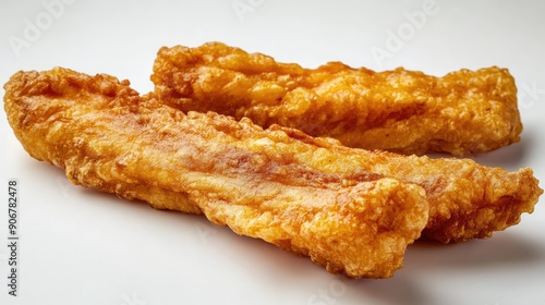 Golden crispy salmon fry displayed from the top, isolated on a bright white surface