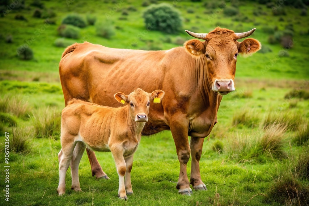 field, meadow, suckling, grass,brown cow, animal, livestock, pastoral, farm, harmony, nurturance, peaceful, green, countryside, Brown cow and calf suckling in the meadow High Angle field, meadow, suckling, grass,brown cow, animal, livestock, pastoral, farm, harmony, nurturance, peaceful, green, countryside, Brown cow and calf suckling in the meadow High Angle