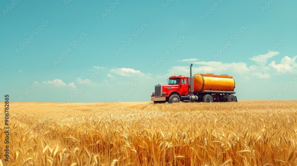 Obraz premium Truck with oil tank on wheat field