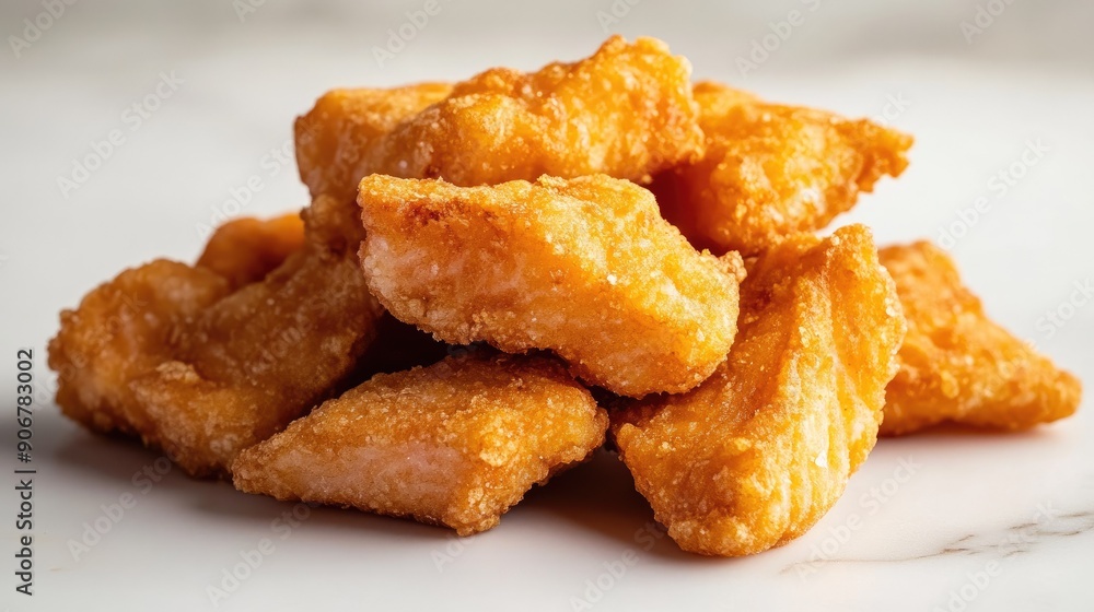 Top view of golden crispy salmon fry, showcasing its texture, on a white surface Top view of golden crispy salmon fry, showcasing its texture, on a white surface