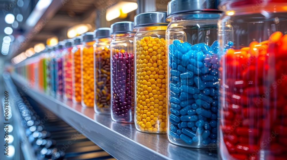 Brightly colored candies in glass jars are neatly organized on a retail shelf, creating an inviting display in a vibrant candy shop Brightly colored candies in glass jars are neatly organized on a retail shelf, creating an inviting display in a vibrant candy shop