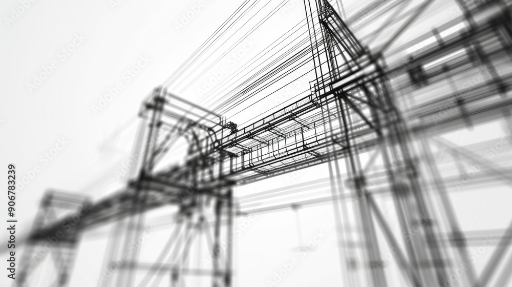 Abstract architectural sketch with steel beams and walkways. Industrial design concept. Black and white. Abstract architectural sketch with steel beams and walkways. Industrial design concept. Black and white.