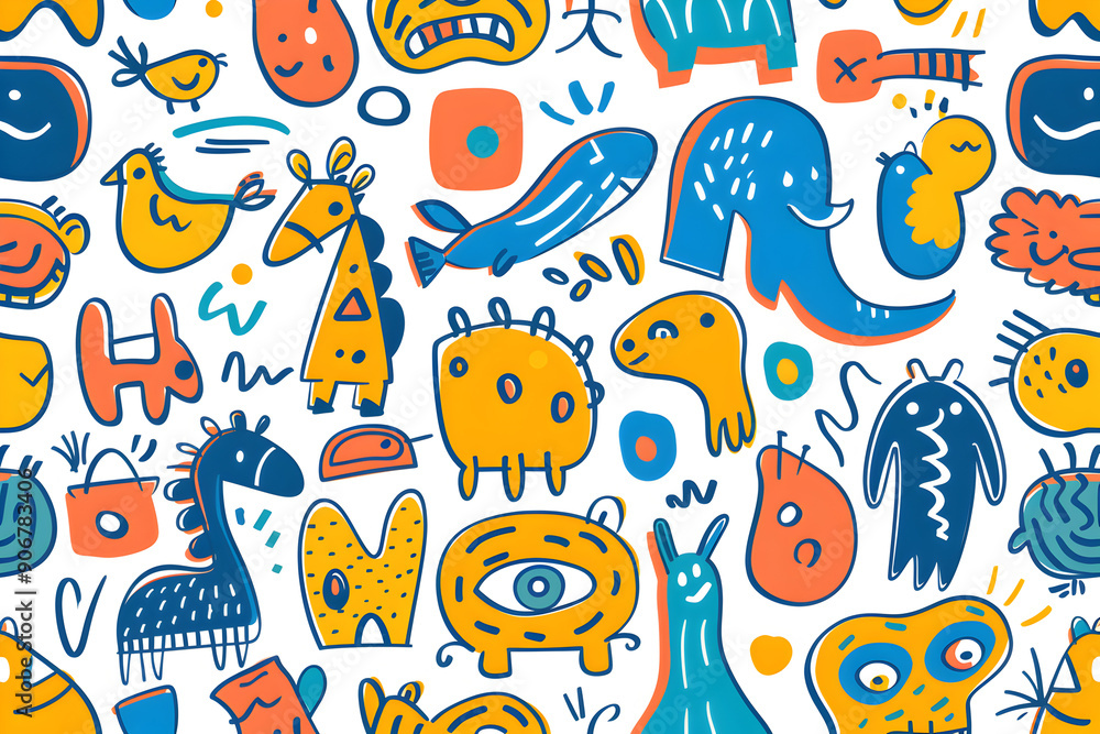 A colorful drawing of various animals and monsters A colorful drawing of various animals and monsters