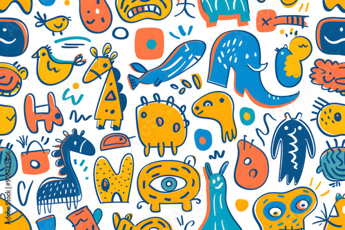 A colorful drawing of various animals and monsters