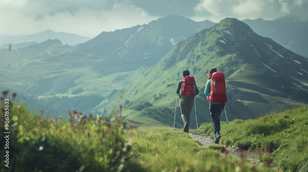Trekking concept two tourists walking mountains. Trekking concept two tourists walking mountains.