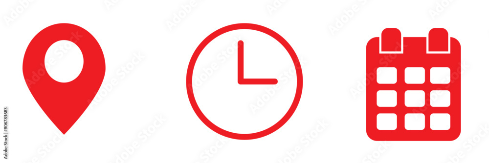 Time, address, and date icon vector in flat style. Clock, pin map ...