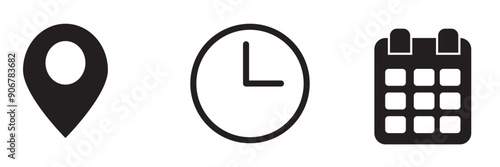 Time, address, and date icon vector in flat style. Clock, pin map location, and calendar sign symbol