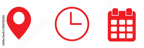 Time, address, and date icon vector in flat style. Clock, pin map location, and calendar sign symbol