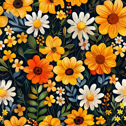 Seamless pattern with chamomiles and daisies.