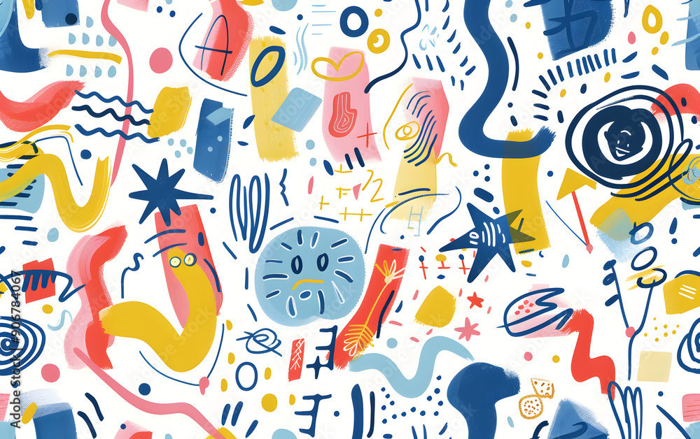 A colorful, abstract painting with many different shapes and lines A colorful, abstract painting with many different shapes and lines
