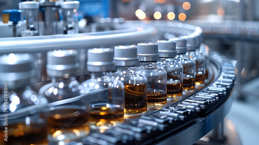 Close-up of vials filled with liquid on a production line in a modern pharmaceutical facility. Close-up of vials filled with liquid on a production line in a modern pharmaceutical facility.