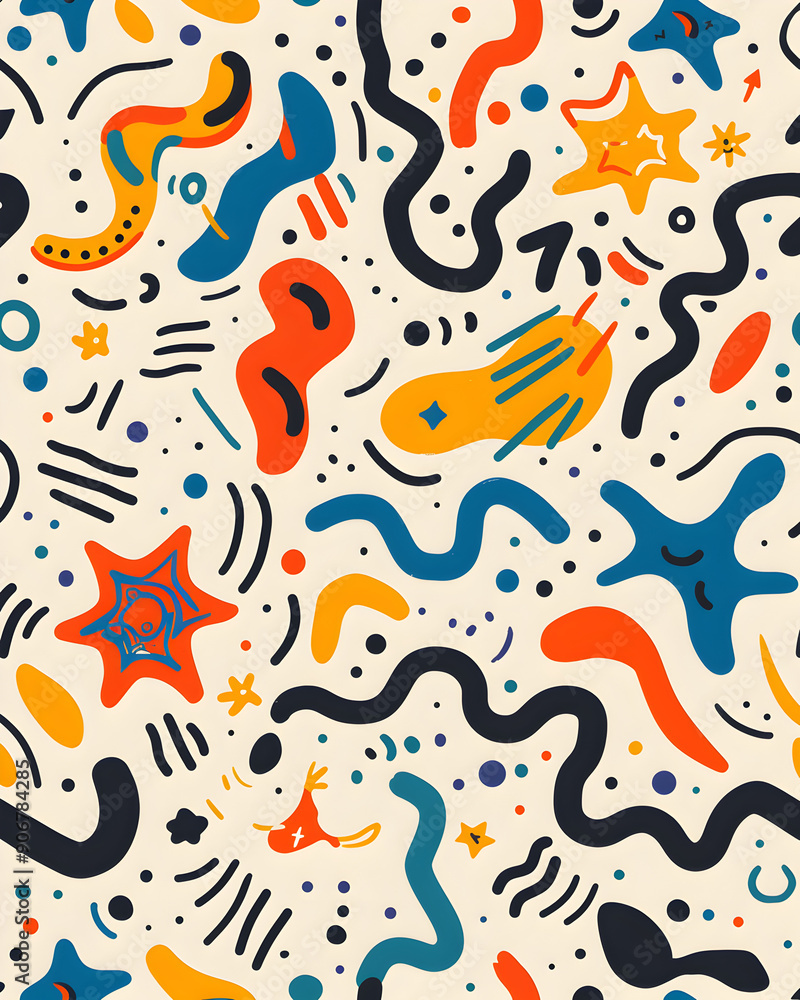 A colorful abstract painting with a star and a fish A colorful abstract painting with a star and a fish