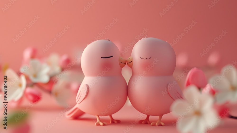 Two adorable pink birds share a tender kiss amidst blossoming cherry blossoms, creating a sweet and Two adorable pink birds share a tender kiss amidst blossoming cherry blossoms, creating a sweet and