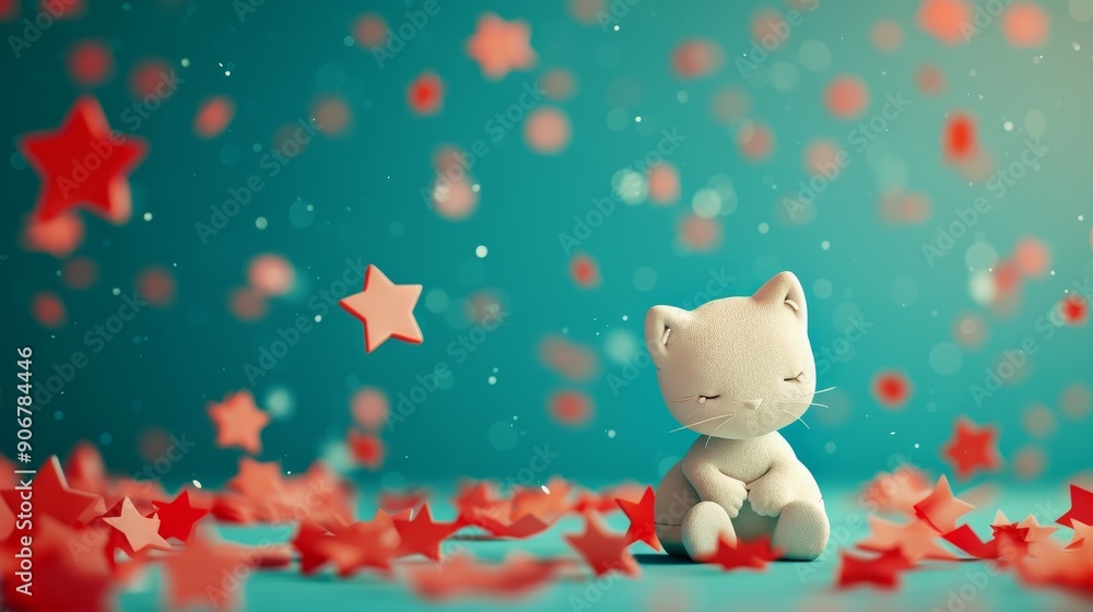 Obraz premium A white cat figurine sits amidst falling red stars on a teal background. The cat is closed-eyed and appears to be sleeping peacefully.