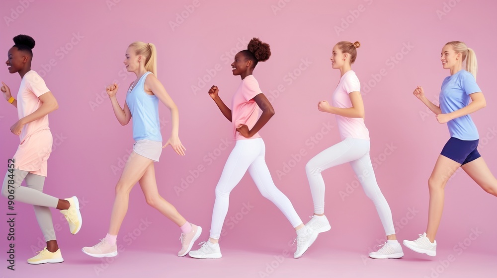 Fototapeta premium Full length body size view five different nice dreamy lovely attractive charming positive thin slim people having fun isolated over pastel pink violet purple grey background.