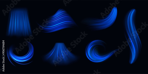 Air flow effect. Freezing airflow with shimmering blue light, wind or draft movement. Breeze or current with flickering, wind gust or conditioner whiff. Vector 3d realistic illustration