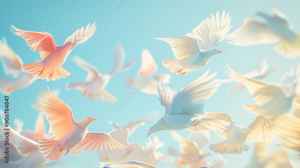 A flock of white and pink doves soar through a clear blue sky, bathed in sunlight. A flock of white and pink doves soar through a clear blue sky, bathed in sunlight.