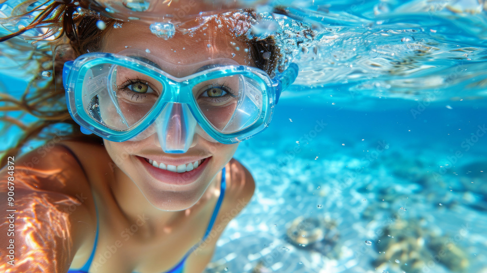 Fototapeta premium Woman snorkeling underwater, wearing a mask and snorkel, in clear blue waters with visible coral reef background. Concept of adventure and exploration.