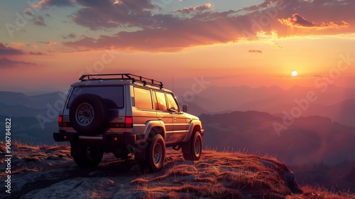 Big 4x4 car against sunset and mountains. photo