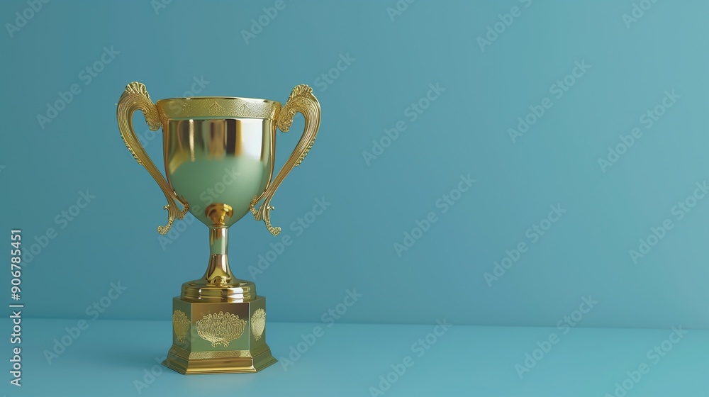 Celebrating the success that has happened gold trophy placed on a blue background. Celebrating the success that has happened gold trophy placed on a blue background.