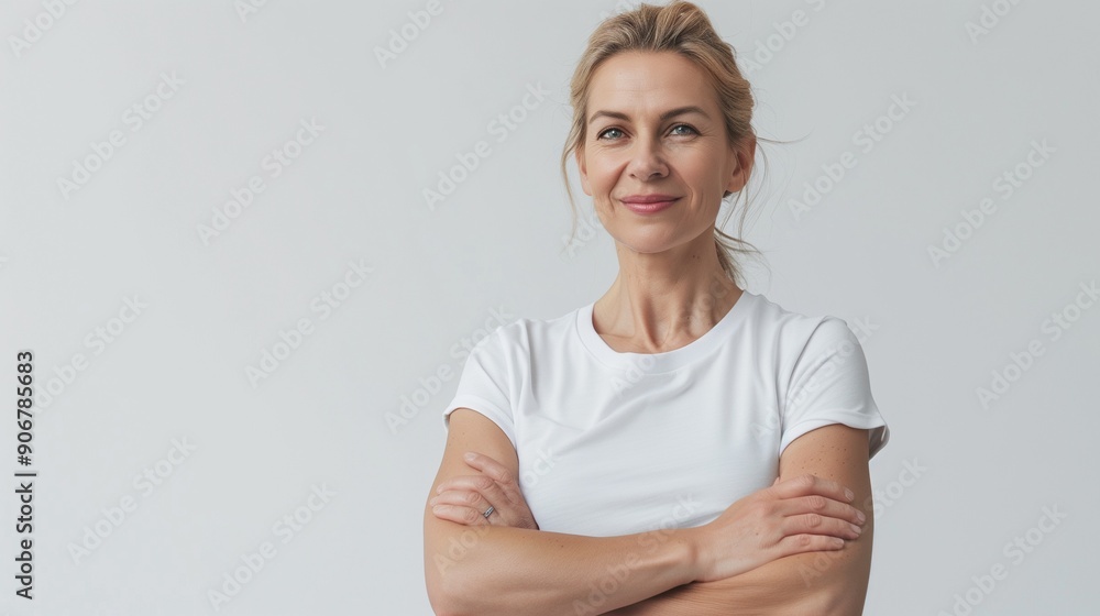 Middle age woman wearing casual t-shirt standing over isolated white background showing arms muscles smiling proud. fitness concept. Middle age woman wearing casual t-shirt standing over isolated white background showing arms muscles smiling proud. fitness concept.