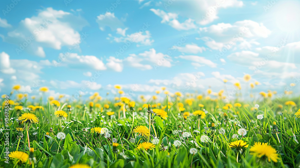 Fototapeta premium A beautiful meadow field with fresh grass and vibrant yellow dandelion flowers, set against a dreamy, blurry blue sky with clouds, capturing the essence of spring and summer
