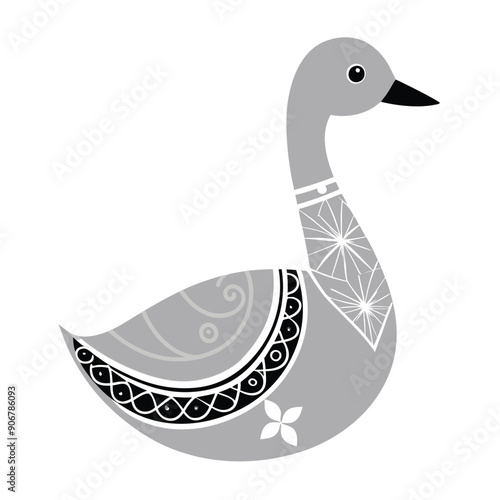 Stylized Gray Goose with Black and White Geometric Patterns