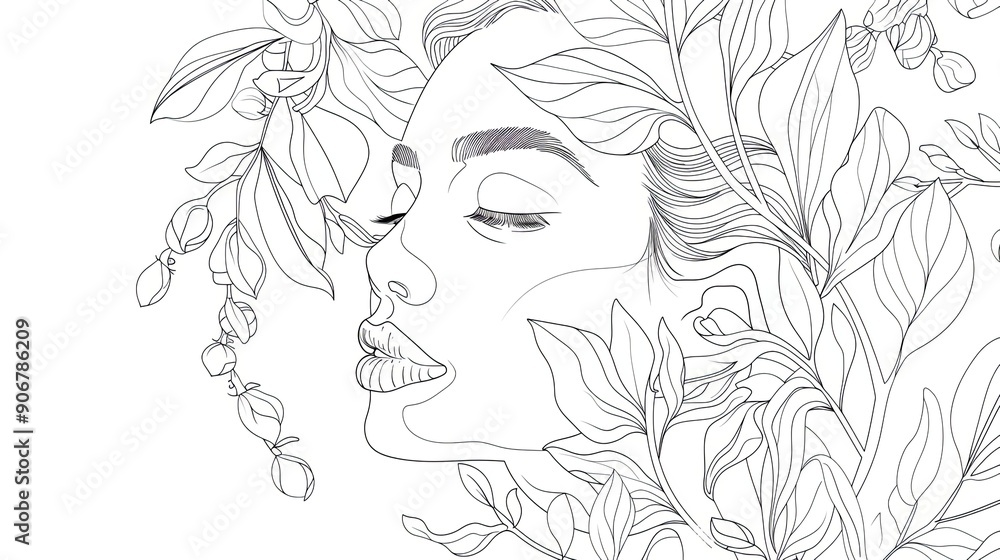 Women face in one line art style with flowers and leaves.Continuous line art in elegant style for prints, tattoos, posters, textile, cards etc. Beautiful woman face Vector illustration Women face in one line art style with flowers and leaves.Continuous line art in elegant style for prints, tattoos, posters, textile, cards etc. Beautiful woman face Vector illustration