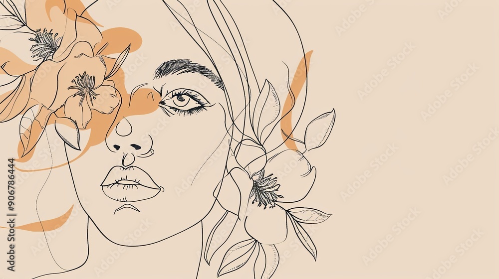 Women face in one line art style with flowers and leaves.Continuous line art in elegant style for prints, tattoos, posters, textile, cards etc. Beautiful woman face Vector illustration Women face in one line art style with flowers and leaves.Continuous line art in elegant style for prints, tattoos, posters, textile, cards etc. Beautiful woman face Vector illustration