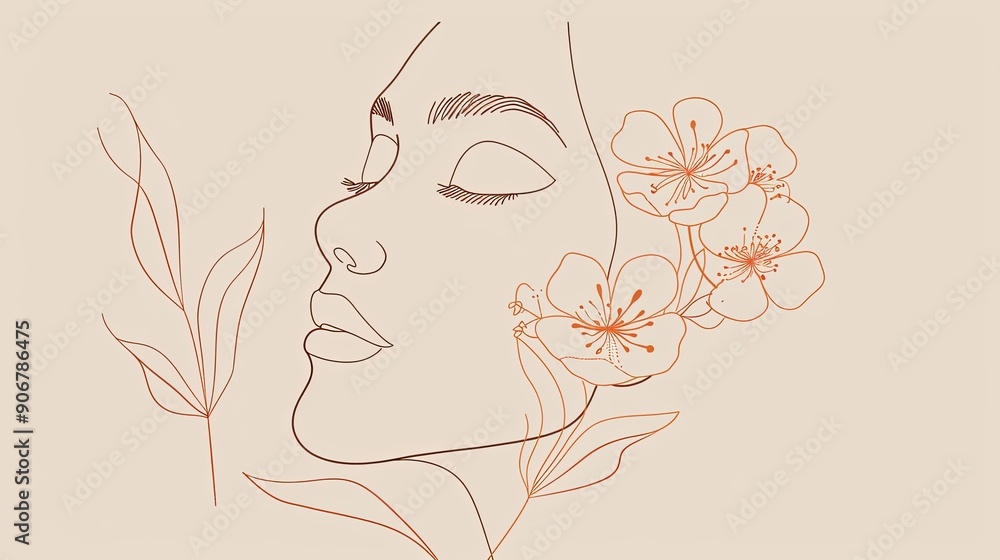 Women face in one line art style with flowers and leaves.Continuous line art in elegant style for prints, tattoos, posters, textile, cards etc. Beautiful woman face Vector illustration Women face in one line art style with flowers and leaves.Continuous line art in elegant style for prints, tattoos, posters, textile, cards etc. Beautiful woman face Vector illustration