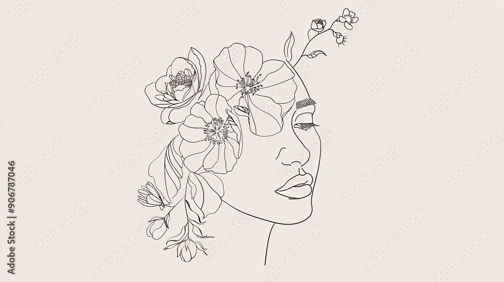 Women face in one line art style with flowers and leaves.Continuous line art in elegant style for prints, tattoos, posters, textile, cards etc. Beautiful woman face Vector illustration Women face in one line art style with flowers and leaves.Continuous line art in elegant style for prints, tattoos, posters, textile, cards etc. Beautiful woman face Vector illustration