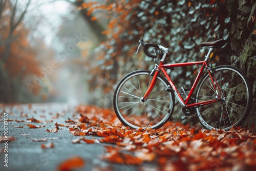 Red Bicycle Leaning Against Wall on Leafy Pathway in Autumn photo