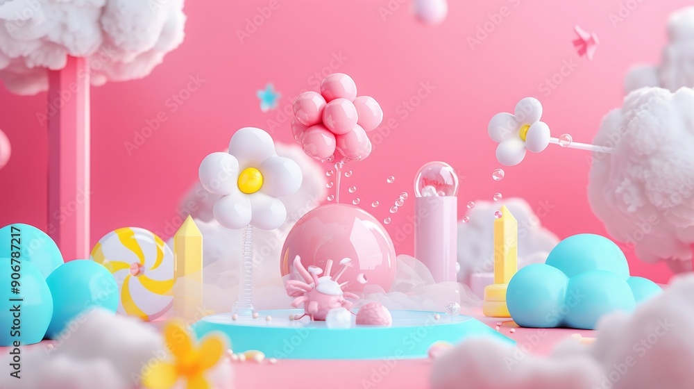A whimsical scene with pastel balloons, clouds, and flowers in a pink and blue color scheme. A perfect backdrop for a celebratory or dreamy theme. A whimsical scene with pastel balloons, clouds, and flowers in a pink and blue color scheme. A perfect backdrop for a celebratory or dreamy theme.