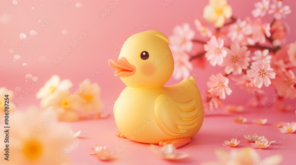 A cheerful yellow rubber duck sits among delicate pink blossoms, creating a charming spring scene. A cheerful yellow rubber duck sits among delicate pink blossoms, creating a charming spring scene.