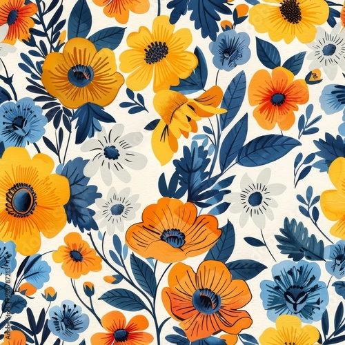 Seamless pattern with poppies and floral motifs.