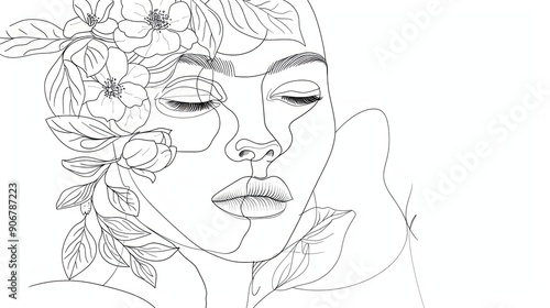 Women face in one line art style with flowers and leaves.Continuous line art in elegant style for prints, tattoos, posters, textile, cards etc. Beautiful woman face Vector illustration