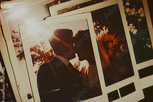 A nostalgic collection of Polaroid wedding photos from the 60s or 70s, capturing timeless love and intimate moments frozen in time.
