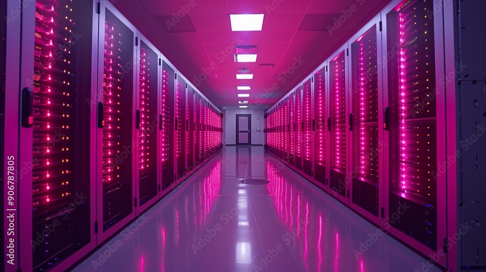 Modern Data Center Illuminated With Neon Pink Lighting Showcasing Server Racks and High-Tech Equipment During Evening Hours Modern Data Center Illuminated With Neon Pink Lighting Showcasing Server Racks and High-Tech Equipment During Evening Hours