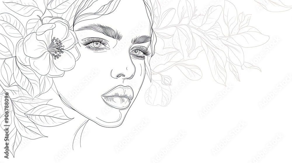 Women face in one line art style with flowers and leaves.Continuous line art in elegant style for prints, tattoos, posters, textile, cards etc. Beautiful woman face Vector illustration Women face in one line art style with flowers and leaves.Continuous line art in elegant style for prints, tattoos, posters, textile, cards etc. Beautiful woman face Vector illustration