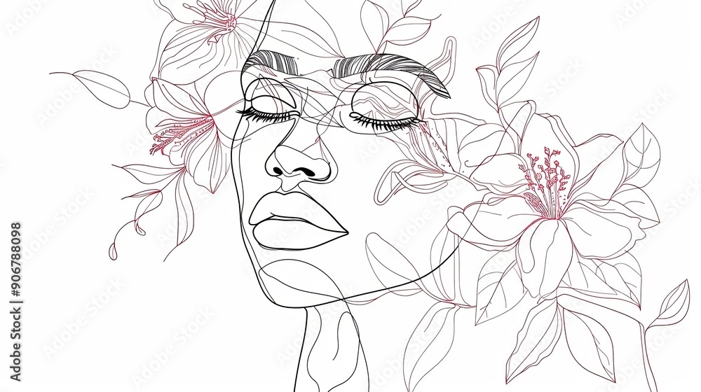 Women face in one line art style with flowers and leaves.Continuous line art in elegant style for prints, tattoos, posters, textile, cards etc. Beautiful woman face Vector illustration Women face in one line art style with flowers and leaves.Continuous line art in elegant style for prints, tattoos, posters, textile, cards etc. Beautiful woman face Vector illustration