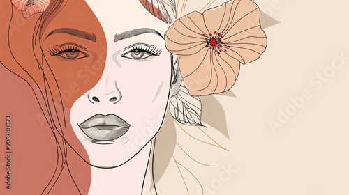 Women face in one line art style with flowers and leaves.Continuous line art in elegant style for prints, tattoos, posters, textile, cards etc. Beautiful woman face Vector illustration