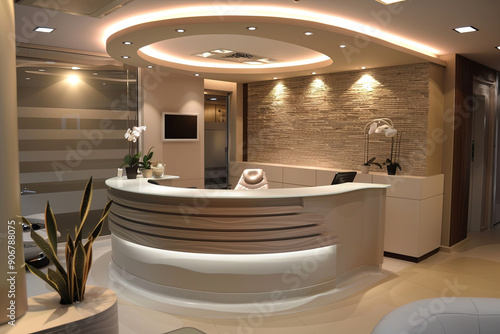 A modern dental office reception featuring stylish furniture and contemporary interior decor, creating a welcoming and professional environment for patients