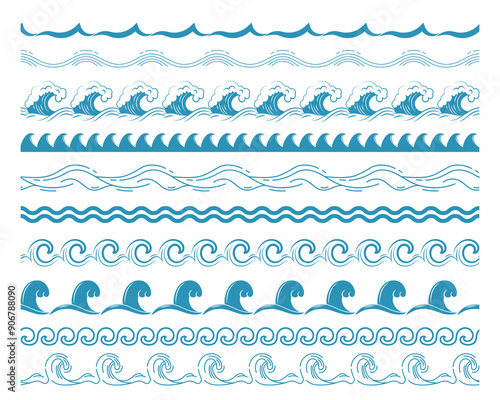 Sea wave borders. Seamless ocean blue waves, nautical horizontal border for pattern brush, wavy water splashes. Sea storm and river flow abstract symbols. Isolated vector set.