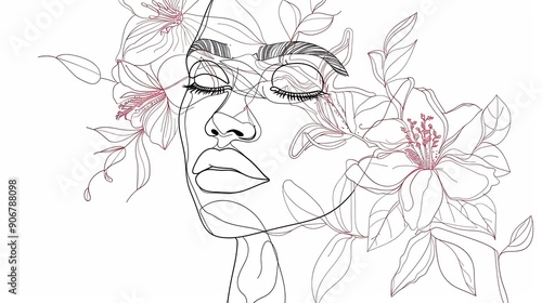 Women face in one line art style with flowers and leaves.Continuous line art in elegant style for prints, tattoos, posters, textile, cards etc. Beautiful woman face Vector illustration
