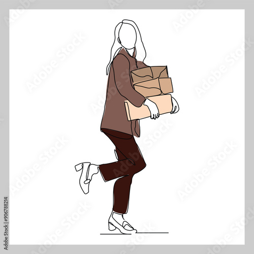 Continuous single line sketch drawing of delivery courier woman holding cardboard box package container order. One line delivery shipment worker people vector illustration