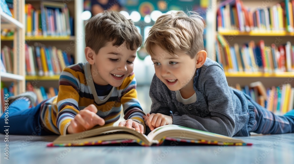 Two boy kid lay down on floor and reading tale book in preschool librarykindergarten school education concept. Two boy kid lay down on floor and reading tale book in preschool librarykindergarten school education concept.