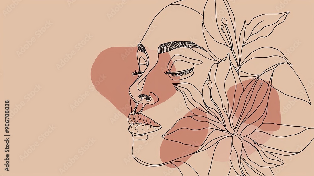 Women face in one line art style with flowers and leaves.Continuous line art in elegant style for prints, tattoos, posters, textile, cards etc. Beautiful woman face Vector illustration Women face in one line art style with flowers and leaves.Continuous line art in elegant style for prints, tattoos, posters, textile, cards etc. Beautiful woman face Vector illustration
